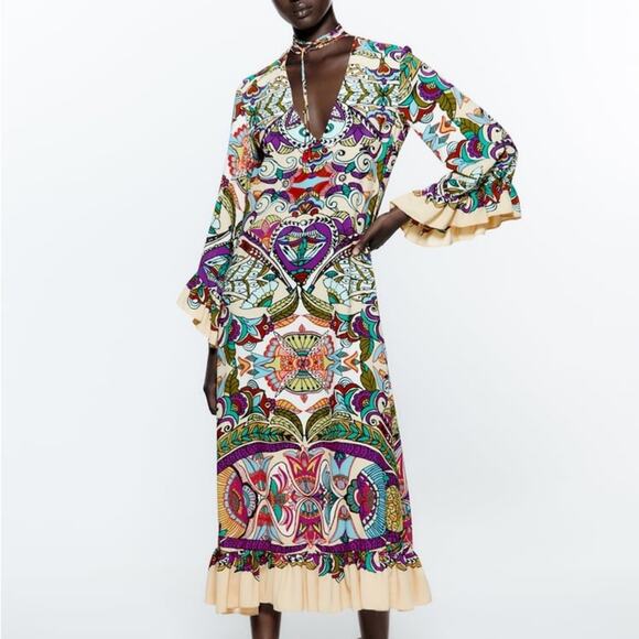 ZARA BLOGGER FAVORITE PRINTED MIDI DRESS MULTICOLORED - Picture 9 of 13